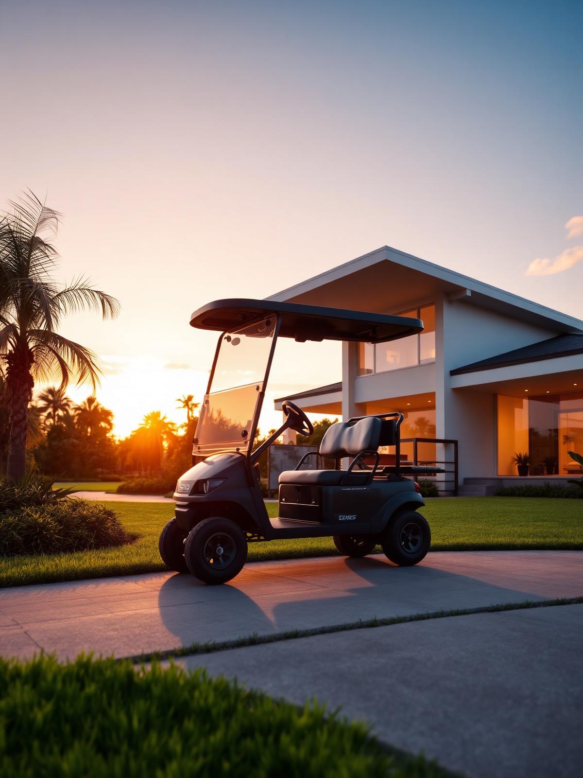 Golf cart parked in front of a solar-powered Babcock Ranch home